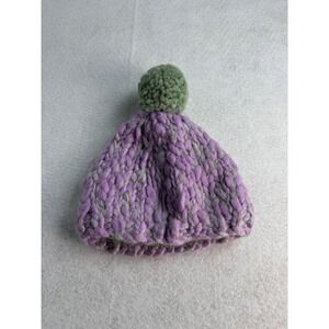 French Knot Bobble Hat‎ Women One Size Purple Green Wool Knit Lined Pom Winter